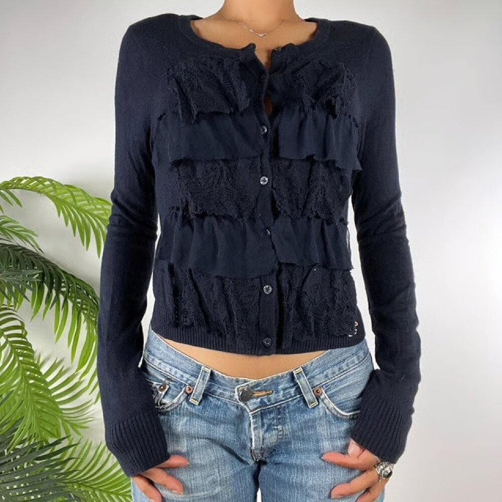 Vintage Y2K Abercrombie & Fitch Ruffle Lace Babydoll Cardigan Sweater Sz S